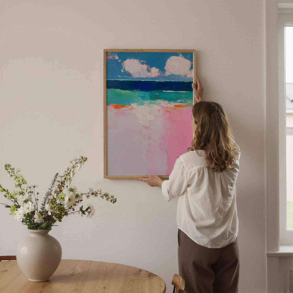 Landschap met roze en blauw – dromerige illustratie als portret poster