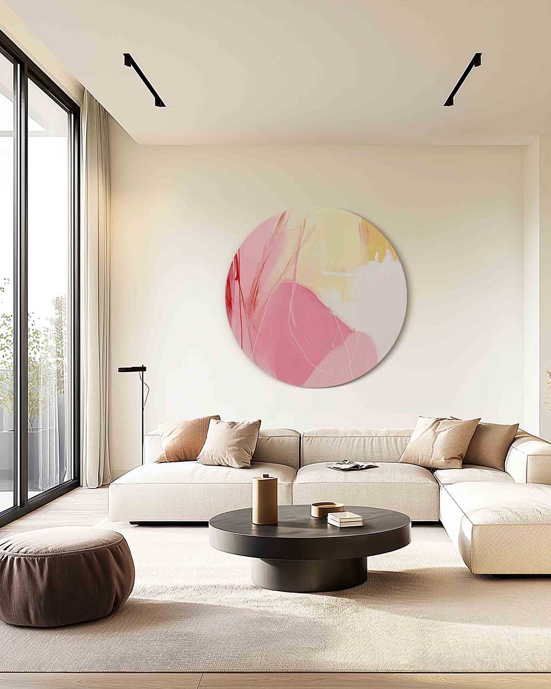 Abstracte roze en gele – kleurrijke muurcirkel als ronde wanddecoratie