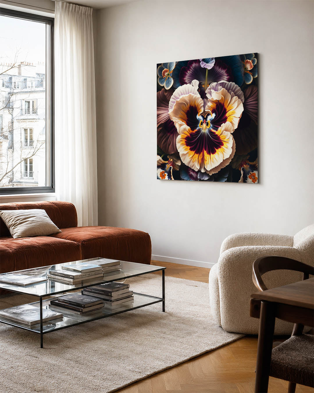Bloemrijke harmonie kunstwerk – vierkante wanddecoratie – dit kunstwerk toont een weelderige compositie van bloemen met