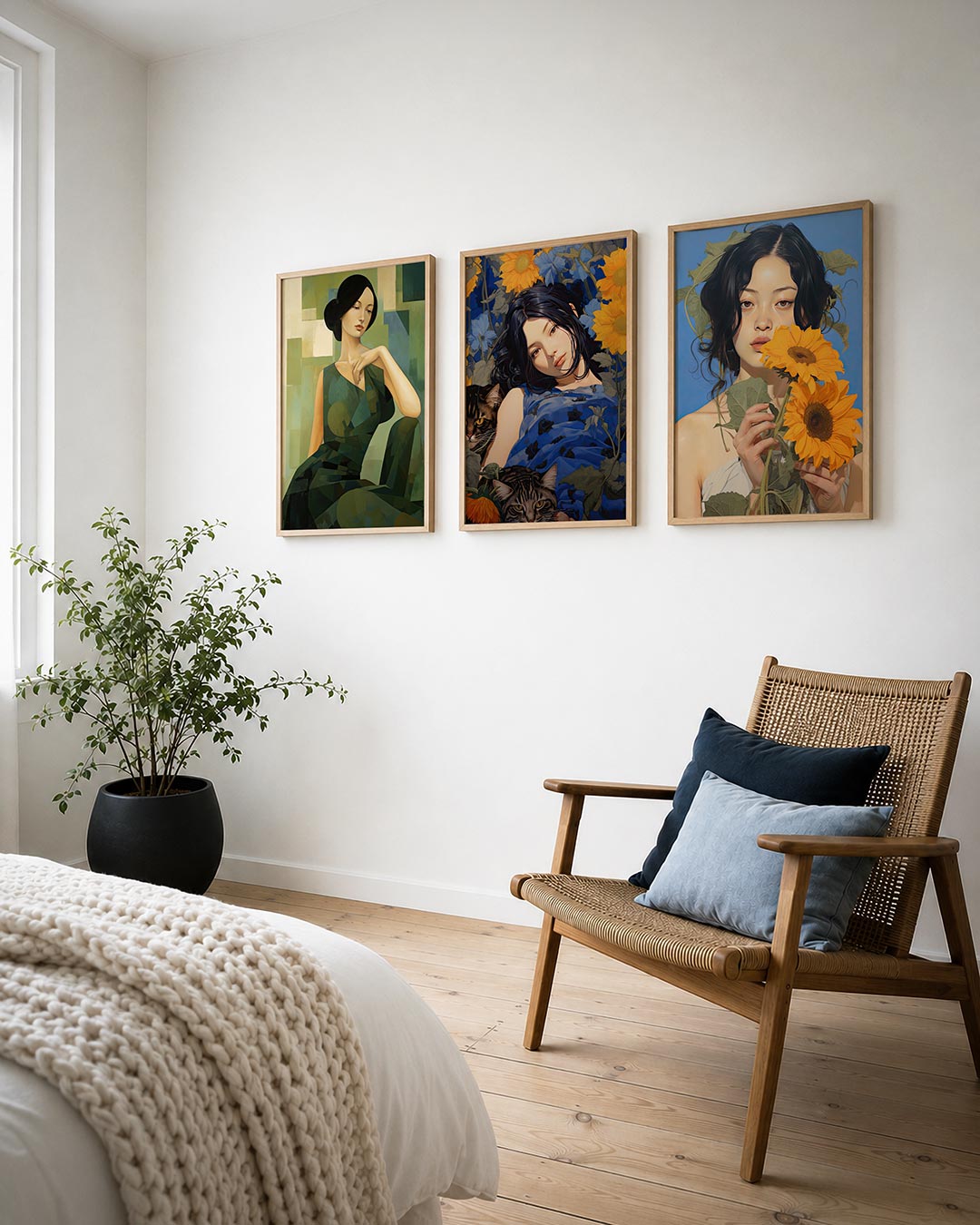 Vorm en balans posterset – derde productweergave – een vrouw in een groene jurk, omgeven door geometrische