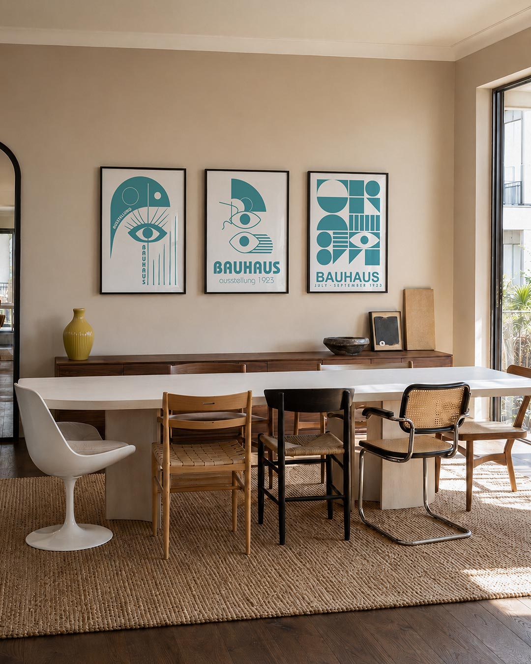 Oog en lijnen driedelige posterset – een speelse compositie met een groot oog centraal, omgeven door strakke lijnen en