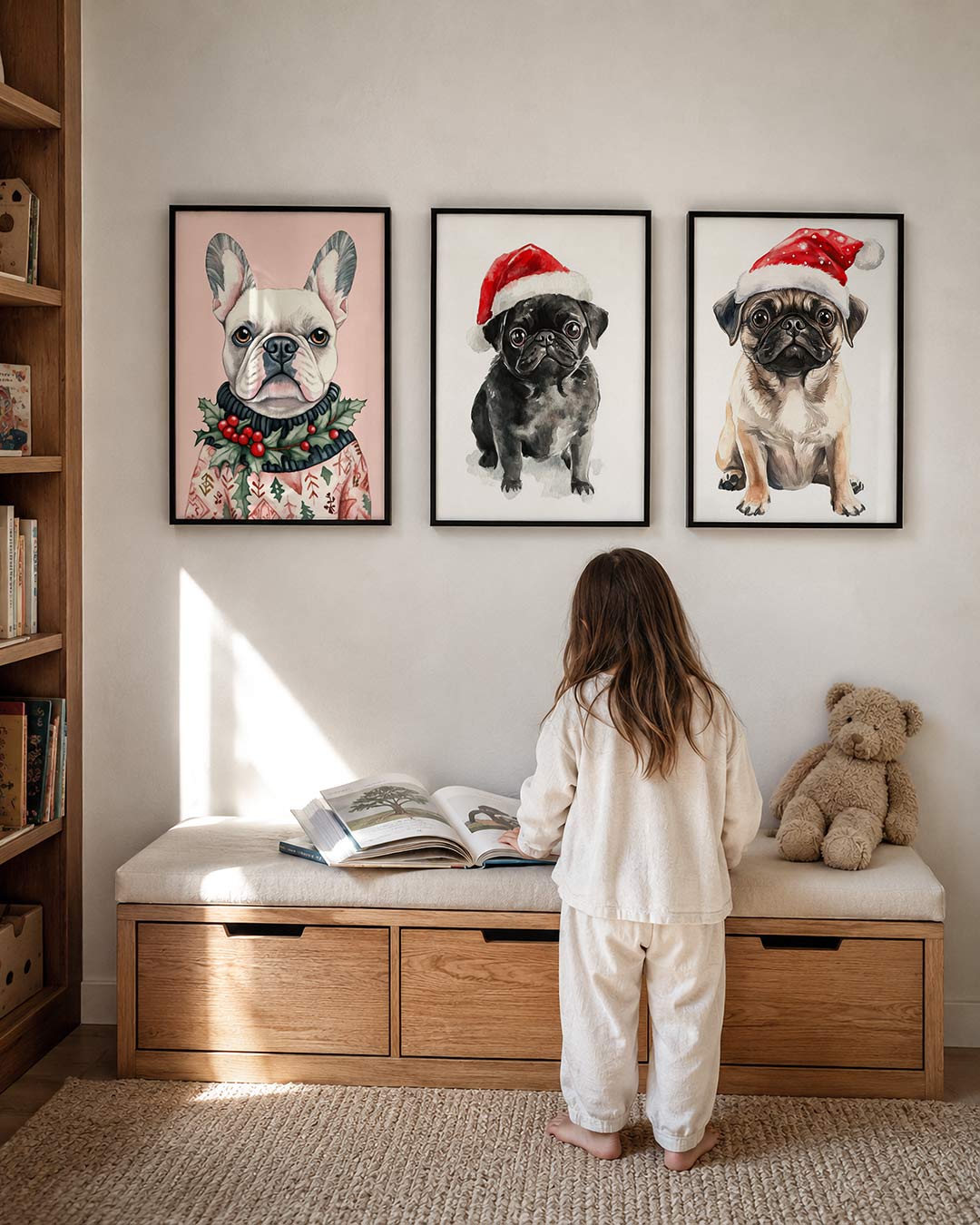 Hond en kerstgroen posterset – derde productweergave – een hond met grote oren en een serieuze blik draagt een