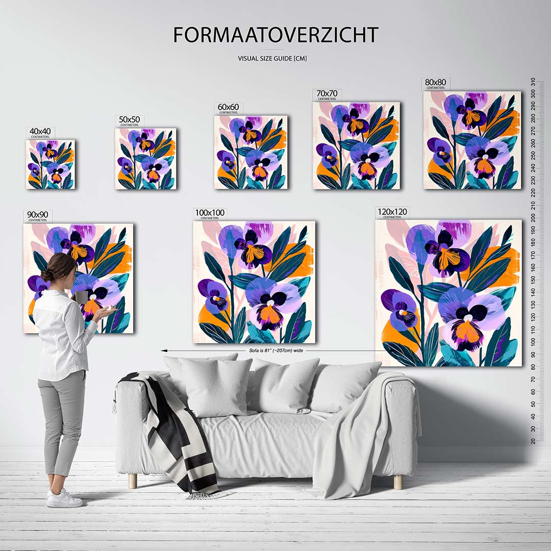 Bloemrijke kleurenexplosie kunstwerk – dit kunstwerk toont een levendige compositie van bloemen in paarse en oranje tinten