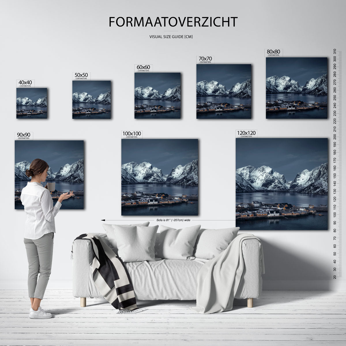 Berglandschap met huizen kunstwerk – materiaalweergave – een serene scène met besneeuwde bergen en een rustige waterpartij