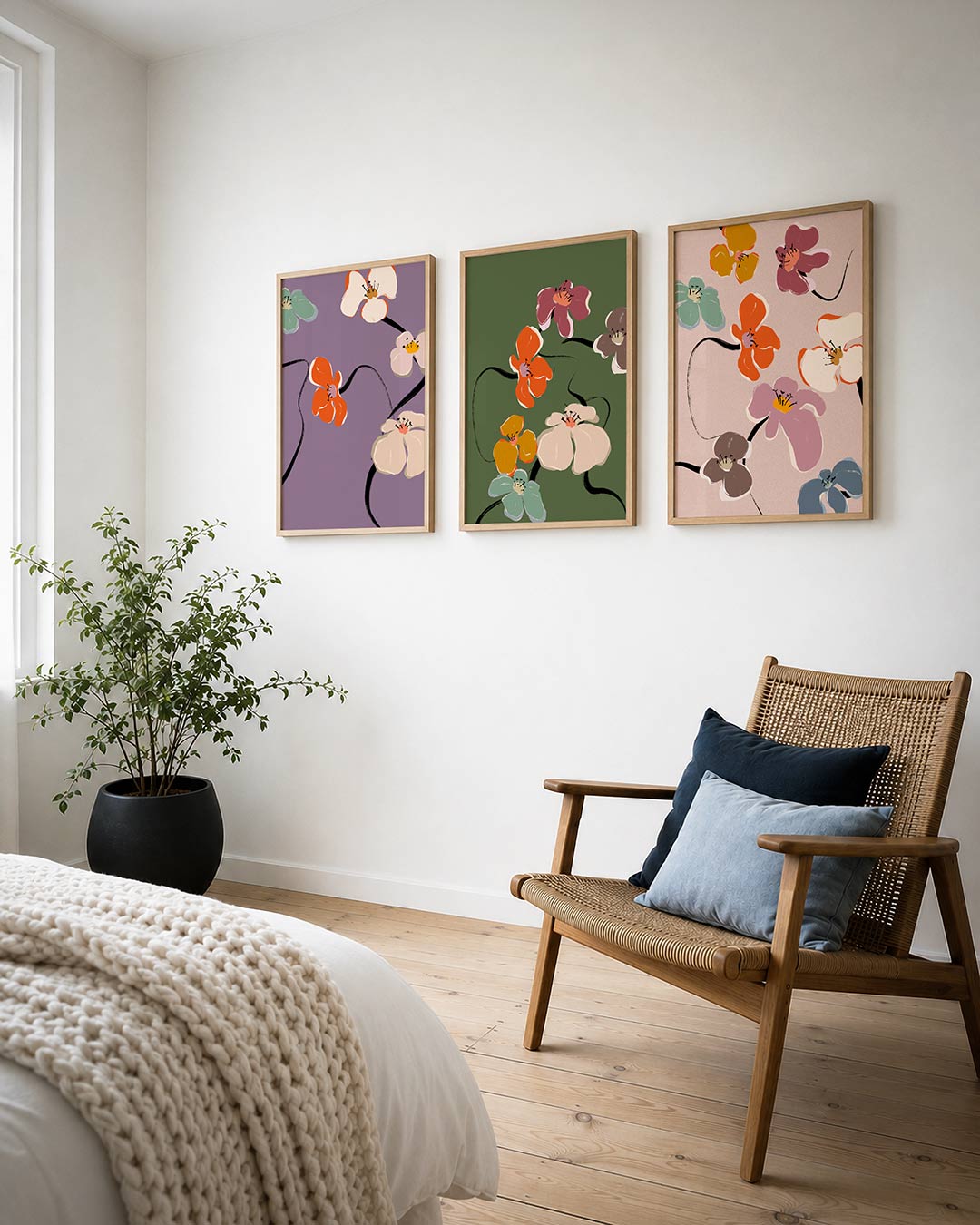 Bloemrijke lijnen posterset – derde productweergave – deze posterset in drie delen toont kleurrijke bloemen op