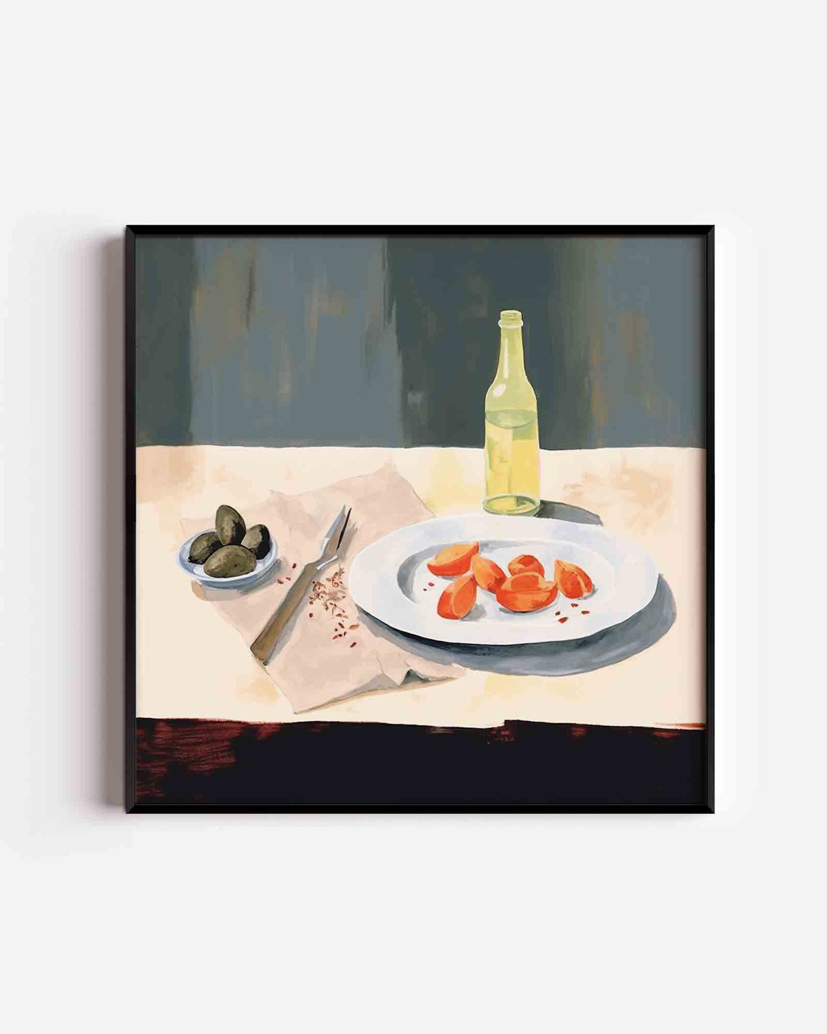 Stilleven met fles en fruit – vierkante poster met kleur en vormen als wanddecoratie