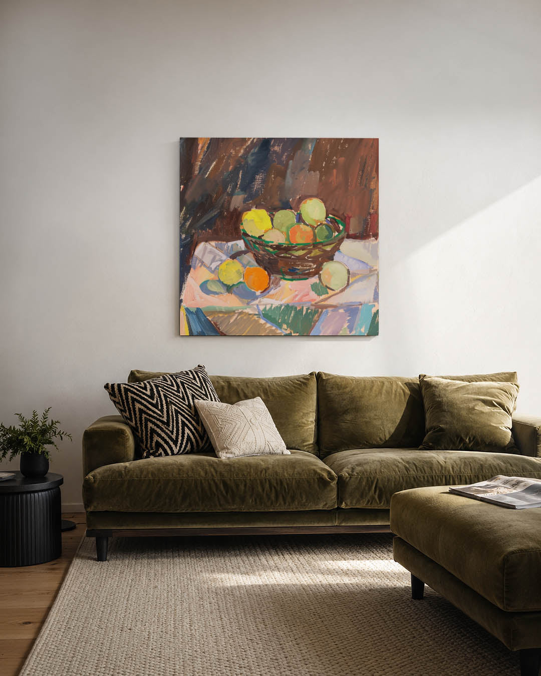 Fruit in mand kunstwerk – derde productweergave – dit werk toont een mand met fruit op een tafel. De kleuren zijn levendig en