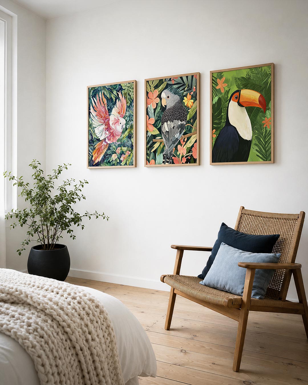 Vleugels en bladeren posterset – derde productweergave – een kleurrijke vogel met roze en oranje veren vliegt te
