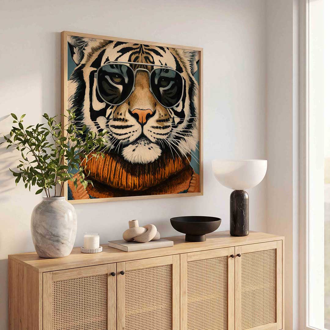 Tijger met zonnebril – dierenillustratie als vierkante poster