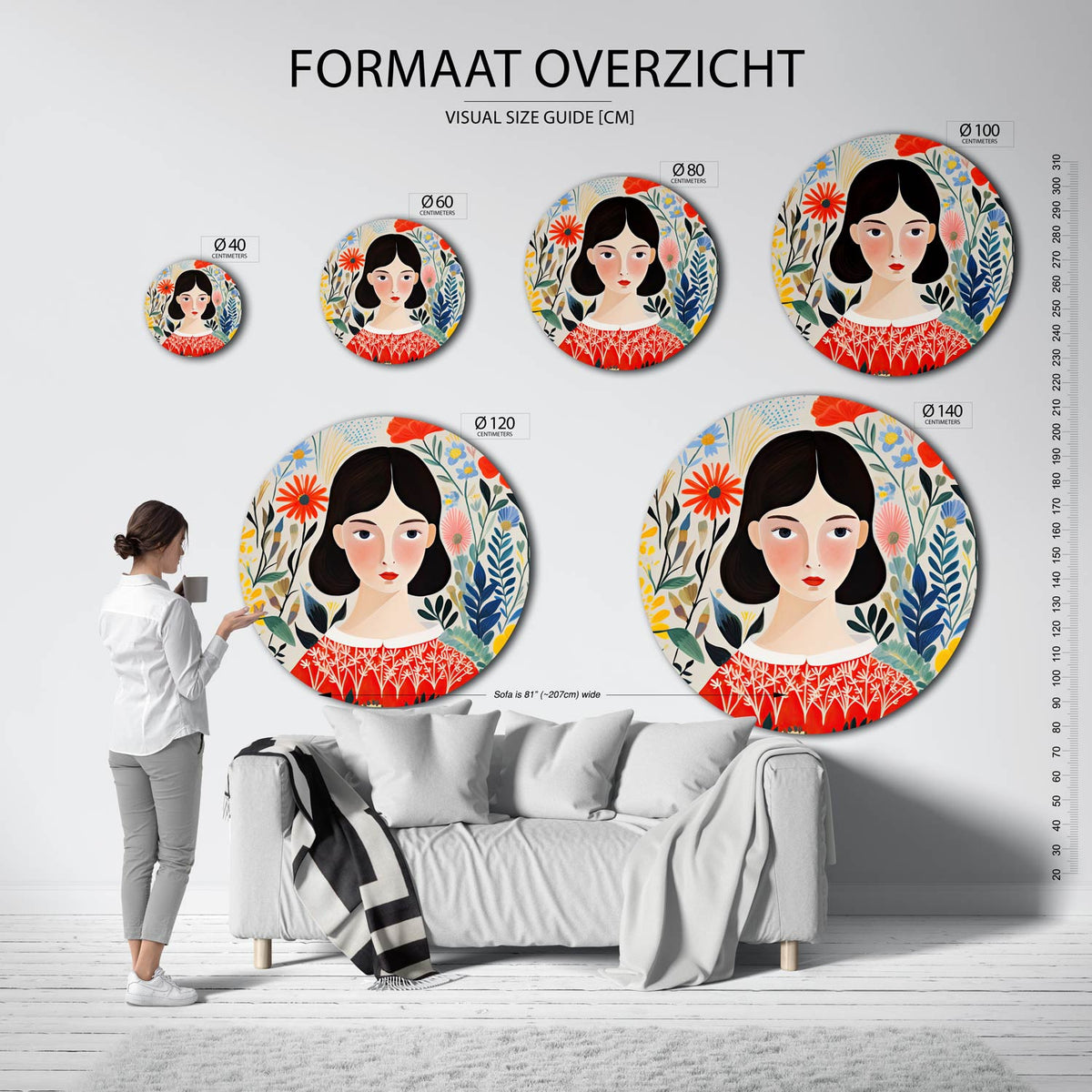 Vrouw met bloemen Muurcirkel – extra productweergave – Een vrouw met donker haar omringd door kleurrijke bloemen in rood
