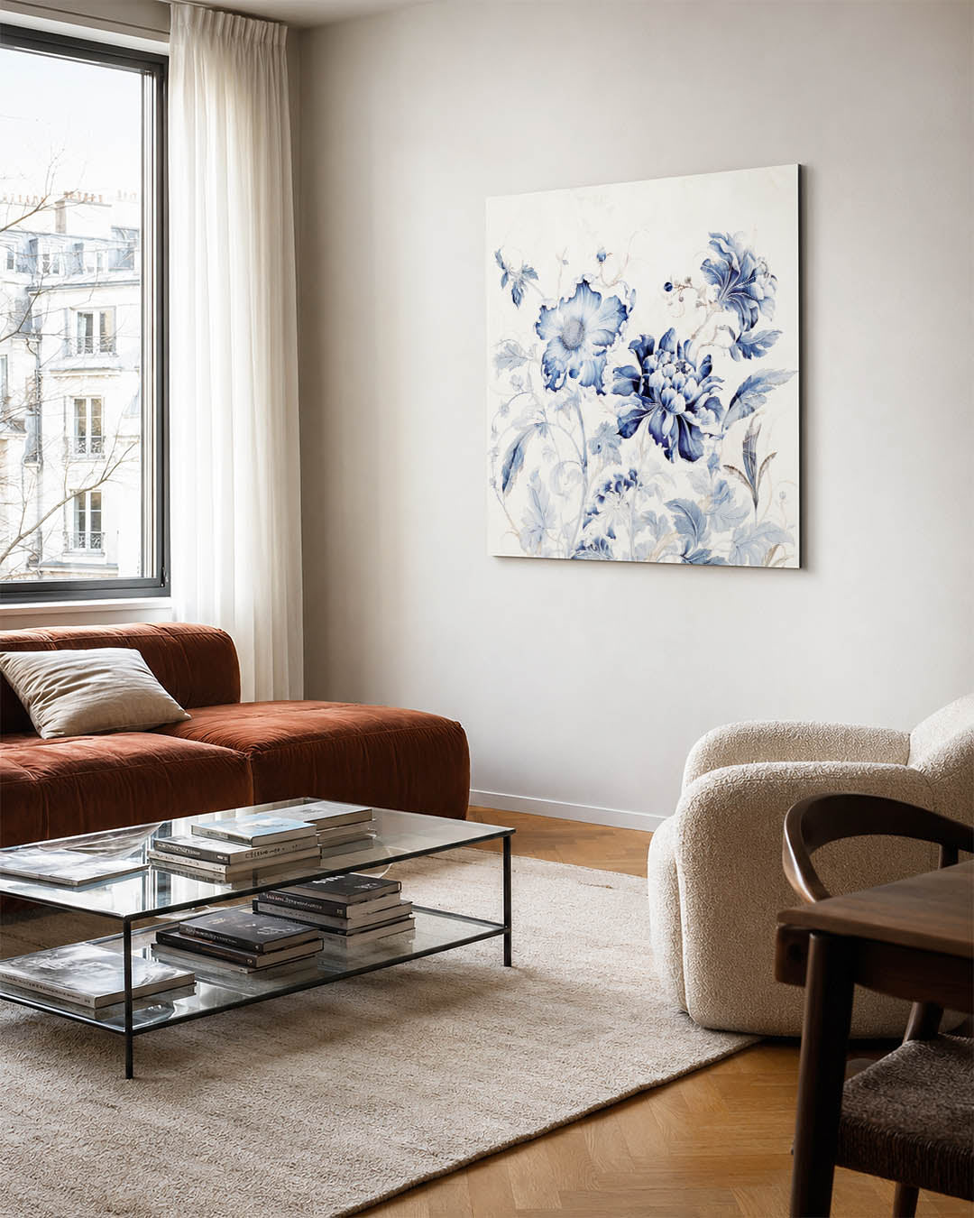 Blauwe bloemenpracht kunstwerk – vierkante wanddecoratie – dit kunstwerk toont delicate bloemen in verschillende tinten