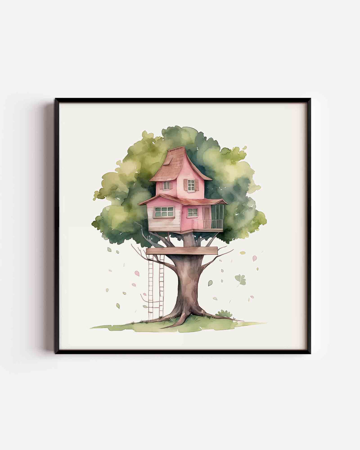 Boomhut met roze huis – vierkante kinderposter als wanddecoratie