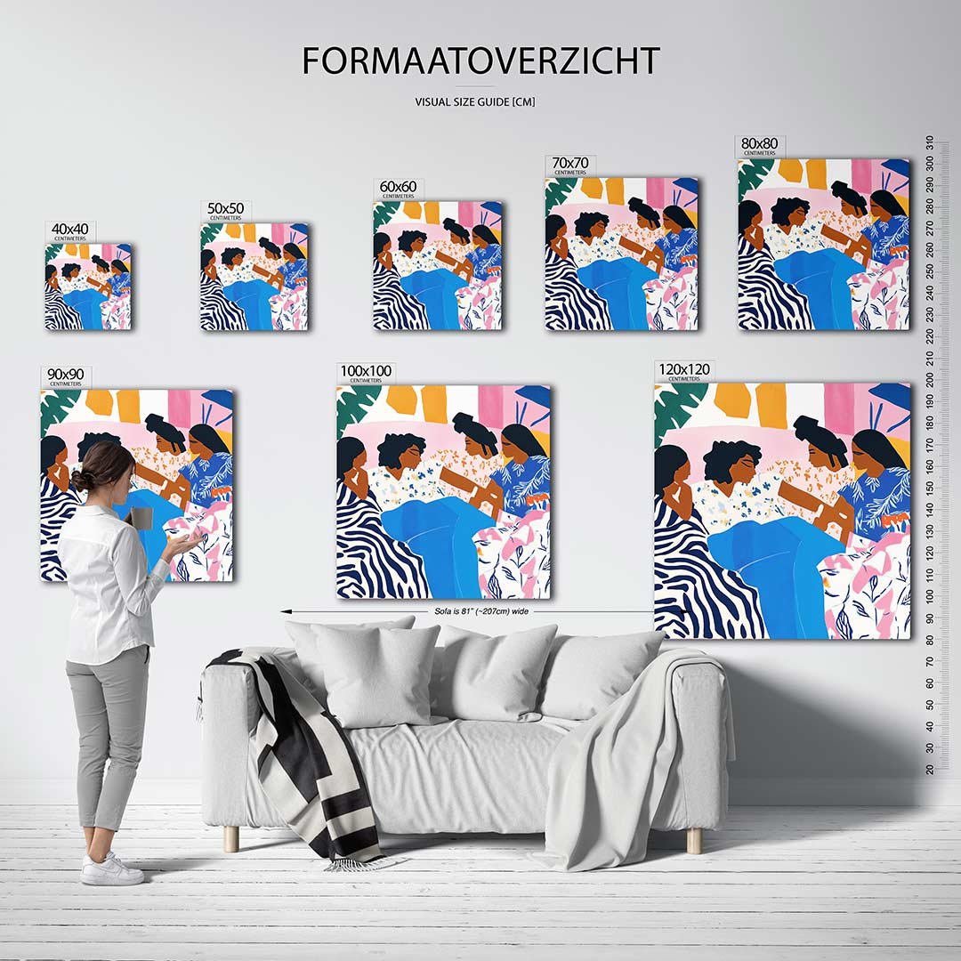 Vrolijke kleurencompositie kunstwerk – dit kunstwerk toont een levendige scène met vloeiende lijnen en contrasterende