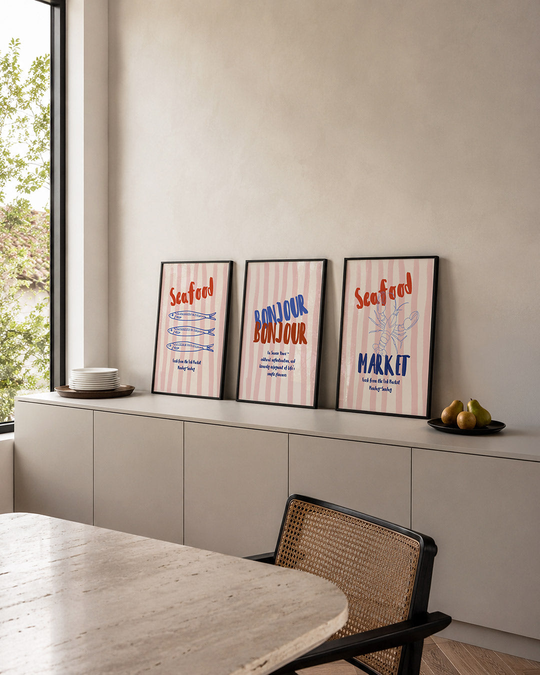 Visuele eenvoud posterset – detailweergave – deze posterset in drie delen toont speelse blauwe visvormen