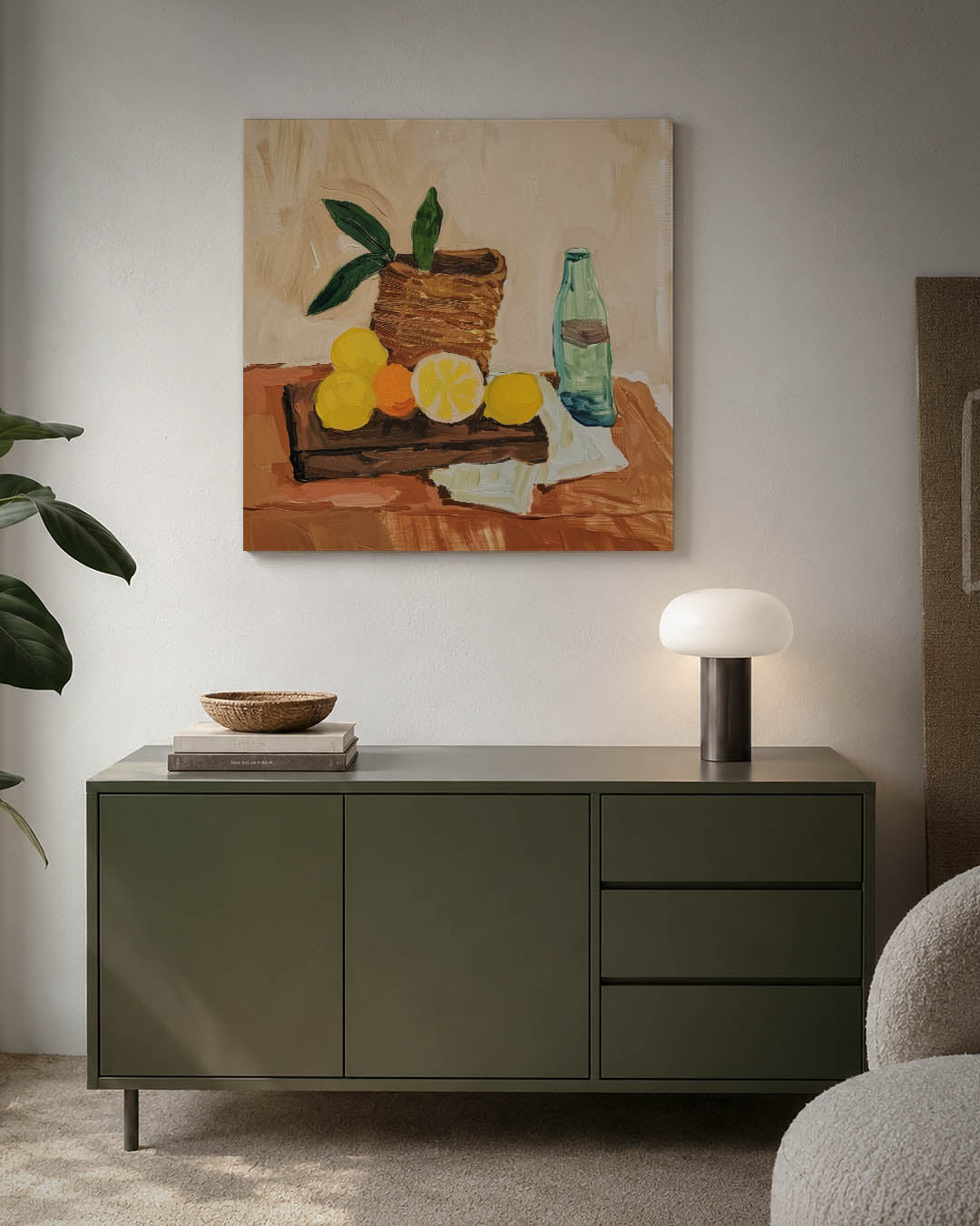 Fruit en fles compositie kunstwerk – detailweergave – dit werk toont een tafel met fruit, een fles en een mand. De kleuren