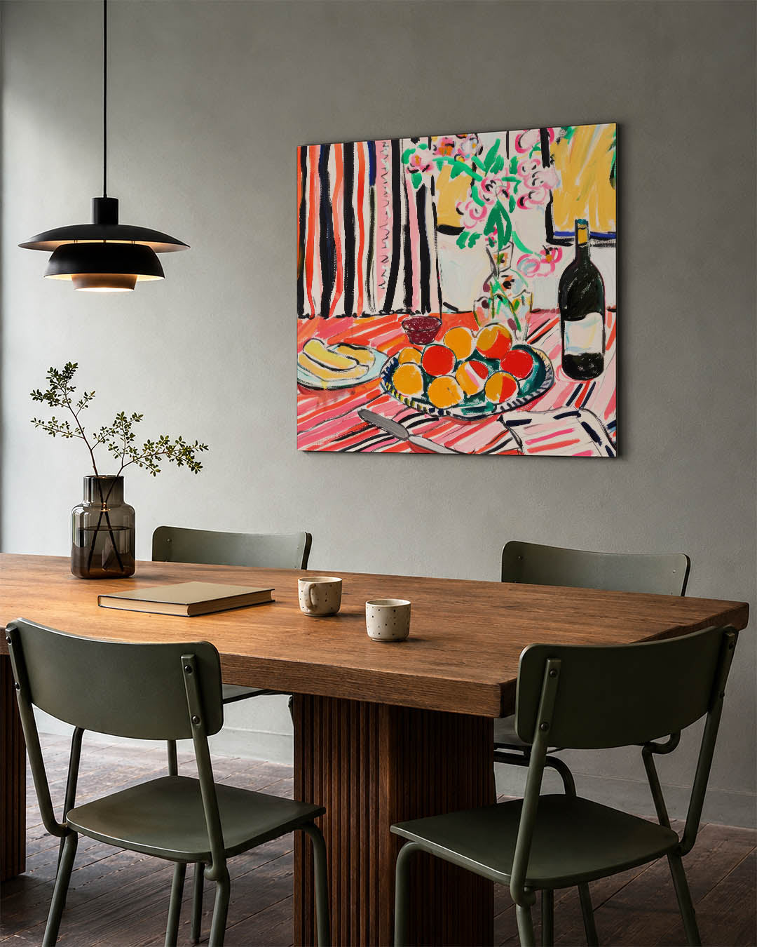 Kleurrijke tafelsetting kunstwerk – tweede productweergave – dit werk toont een levendige tafelsetting met fruit, bloemen en
