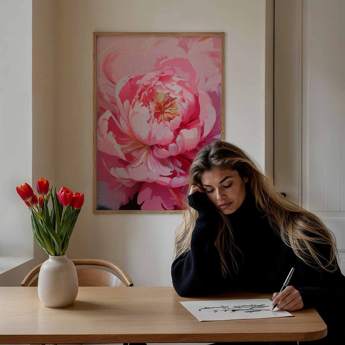 Roze Bloembloesem Kunstposter – bloemen poster als moderne staande wanddecoratie