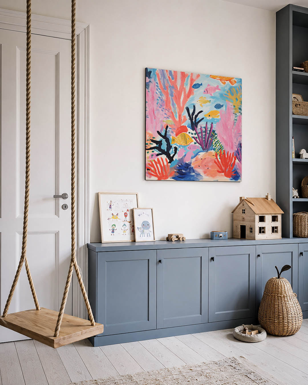 Kleurrijke onderwaterwereld kunstwerk – vierkante wanddecoratie – dit werk toont een levendige onderwaterwereld met