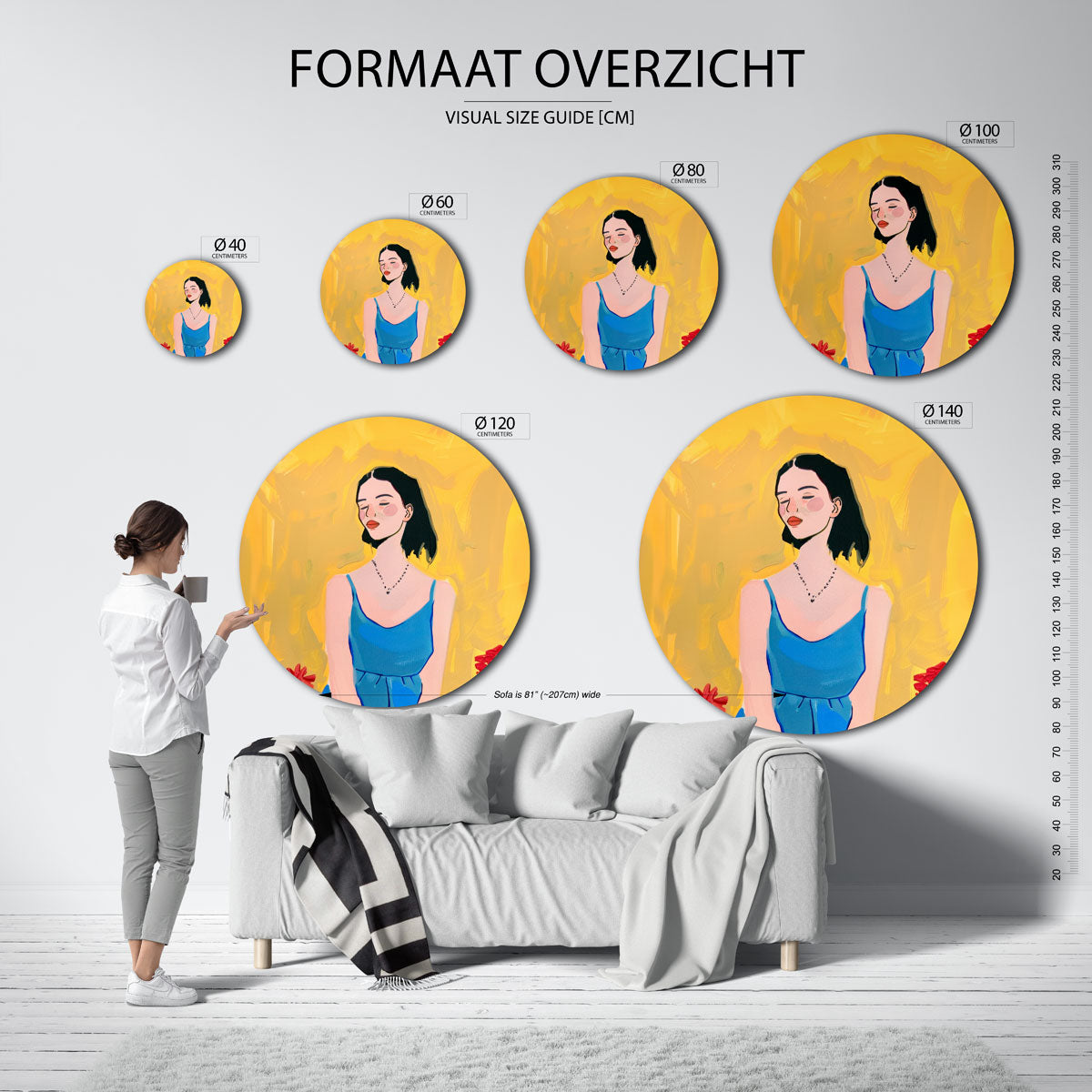 Vrouw in blauwe jurk – abstracte wandkunst met textuur als muurcirkel