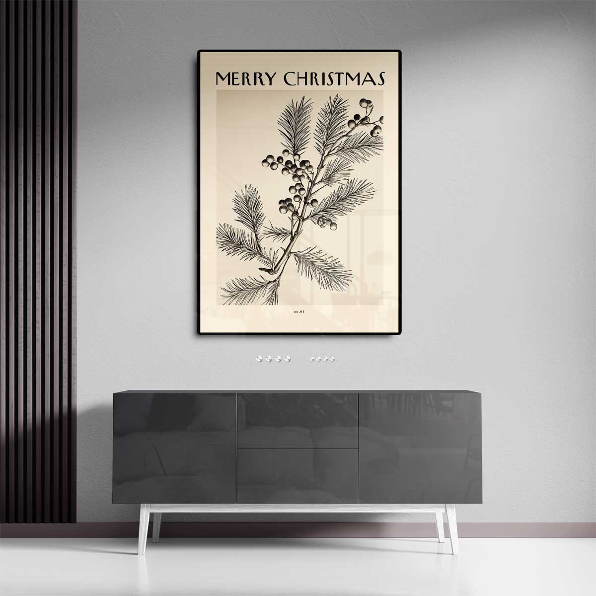 Vintage Kerstkaart met Dennen en Bessen – portret wandkunst van WallArtistic