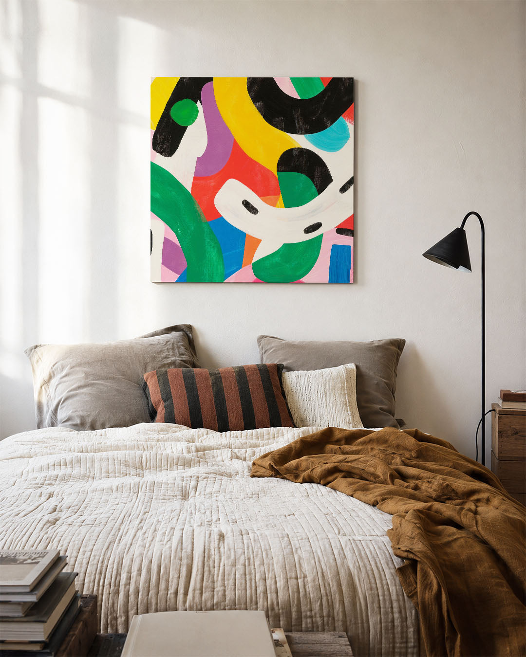 Dynamische kleurencompositie kunstwerk – detailweergave – dit kunstwerk toont een levendige mix van gebogen en rechte lijnen