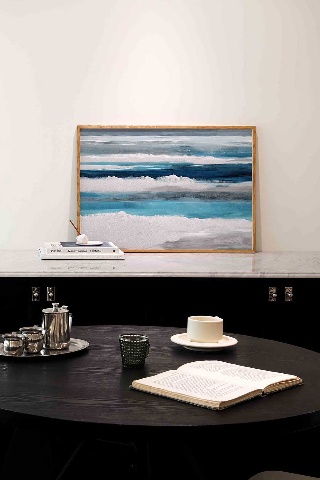 Blauwe en grijze strepen – abstracte poster in liggend formaat