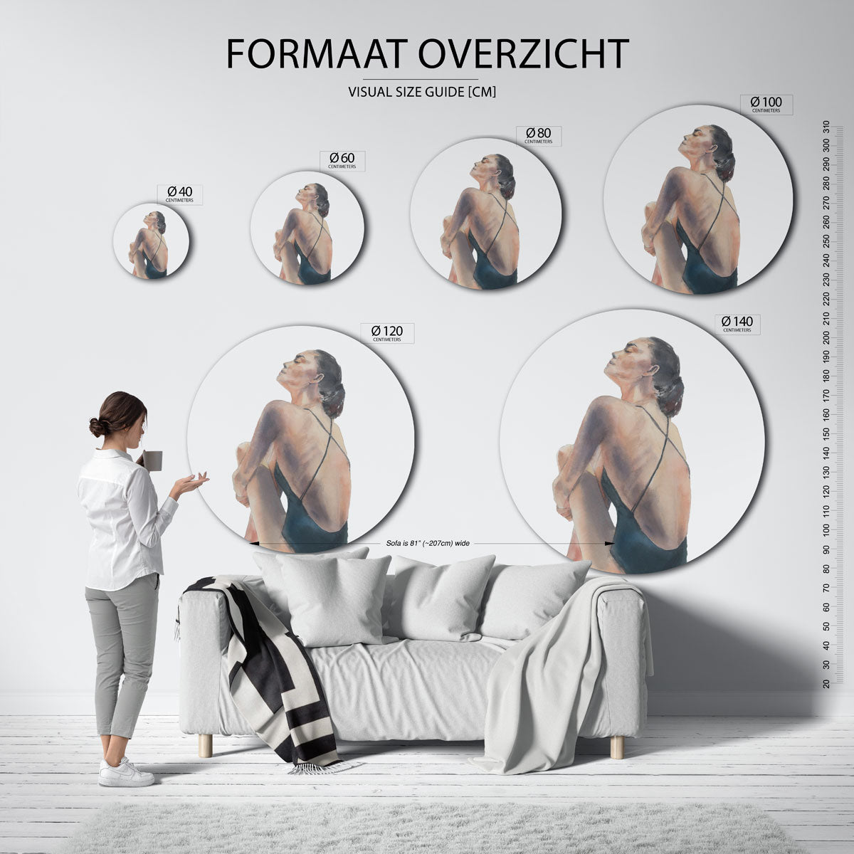 Zittende vrouw – ronde muurcirkel met kleurrijke illustratie