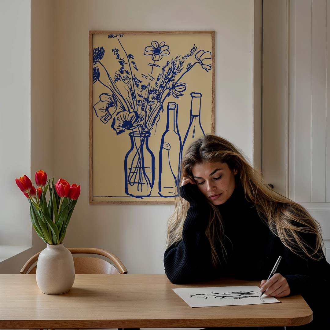 Bloemen en Flessen Lijntekening – staande zomer wanddecoratie van WallArtistic