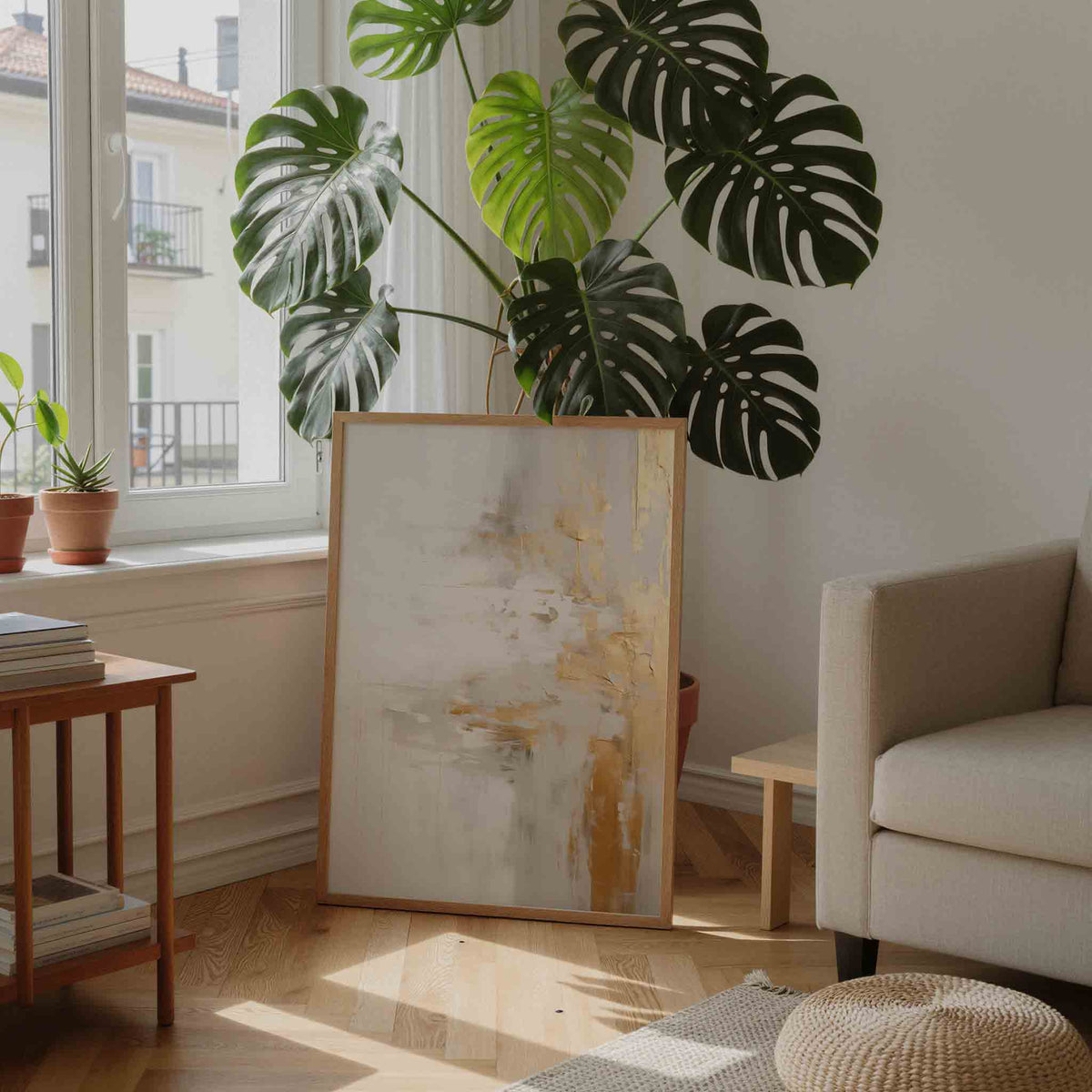 Goud en wit abstracte – staande botanische wanddecoratie van WallArtistic