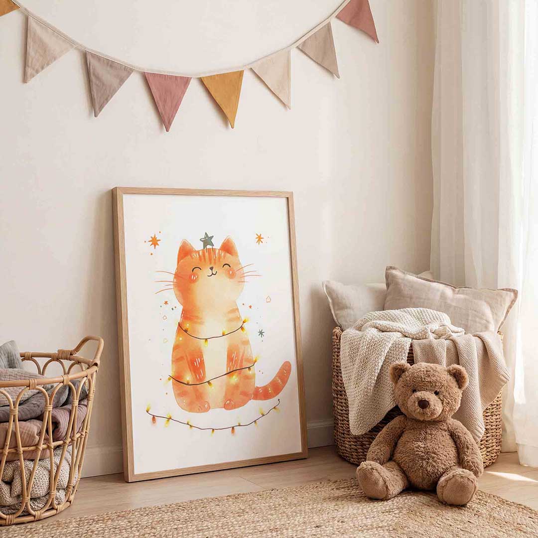 Kerstkat met lichtjes – speelse wandkunst als portret kinderposter