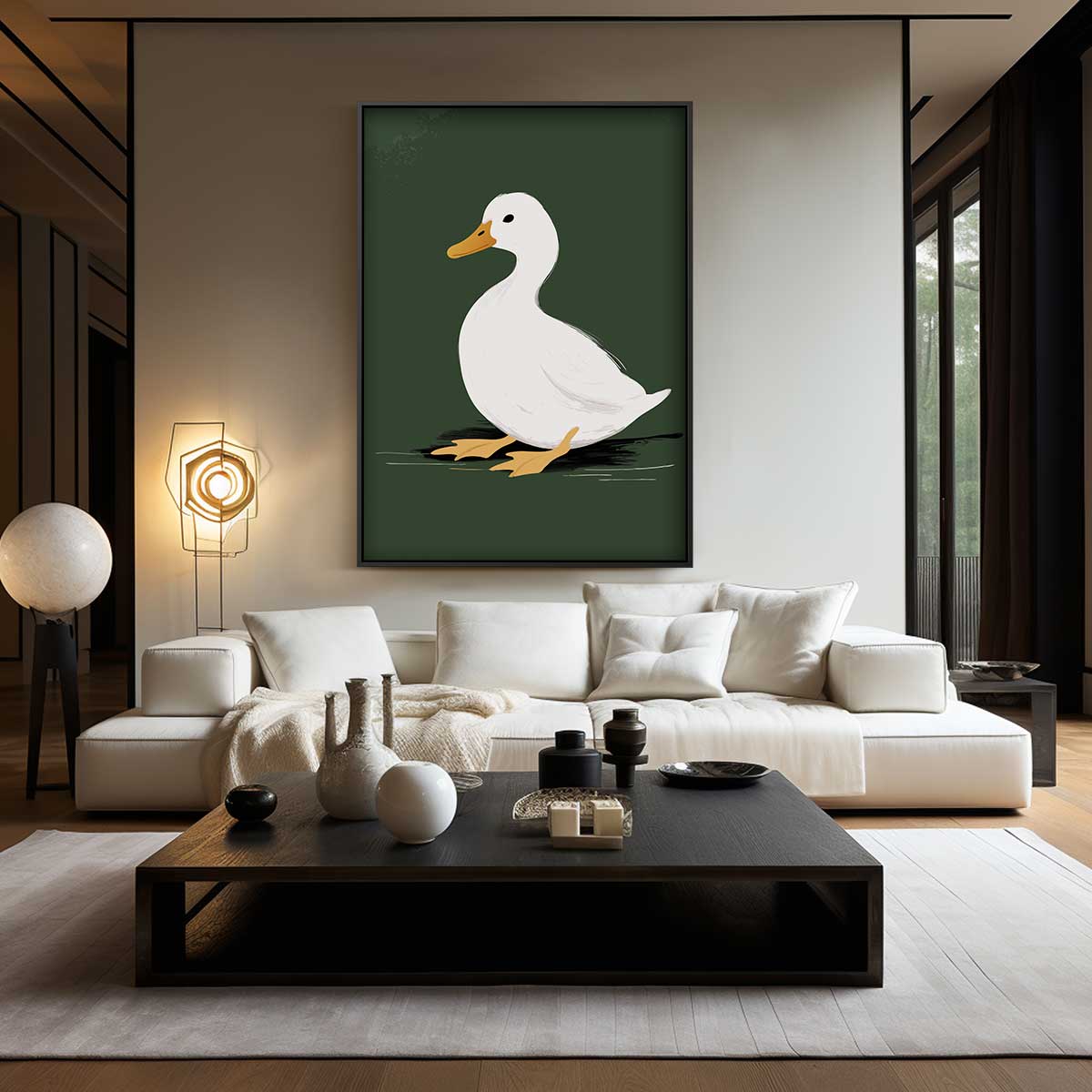 Eend op Donkergroene Achtergrond – canvas wanddecoratie in portret formaat