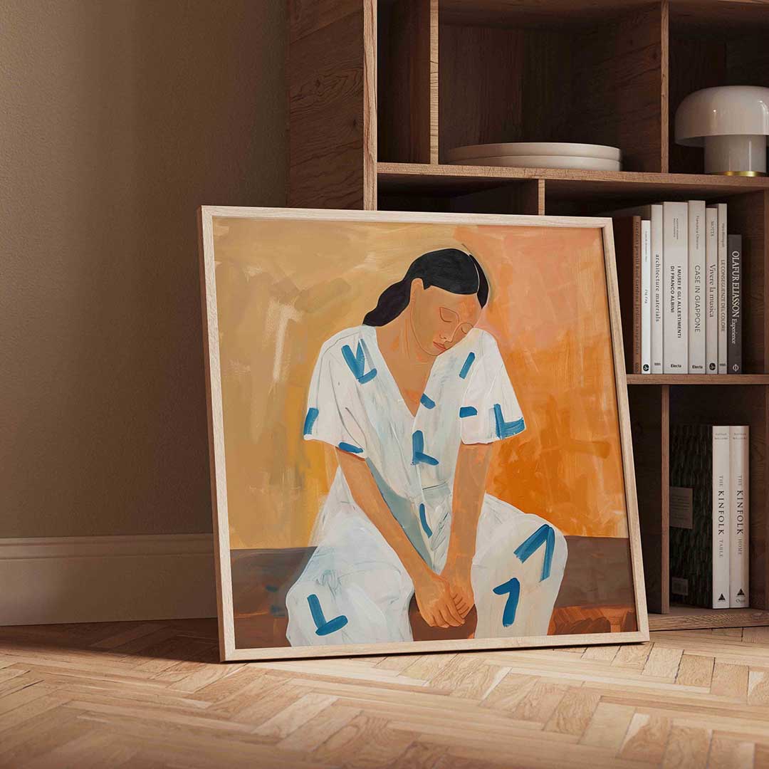 Vrouw in witte kleding – moderne wandkunst als vierkante poster