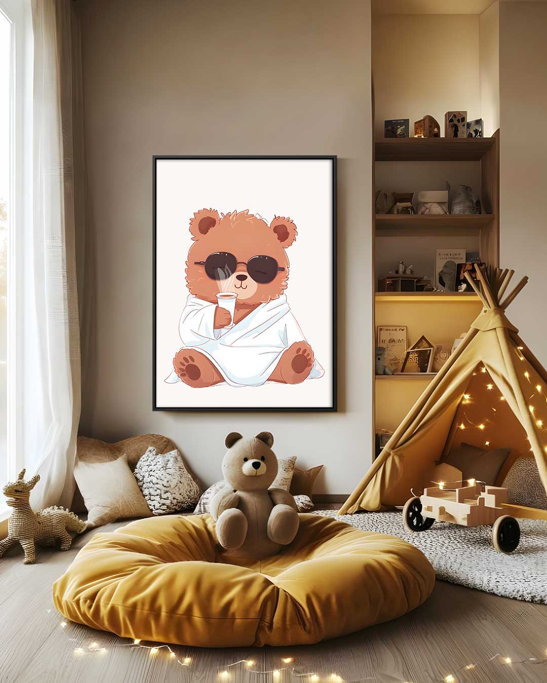 Relaxte Beer Met Koffiebeker – staand kunstwerk voor modern interieur