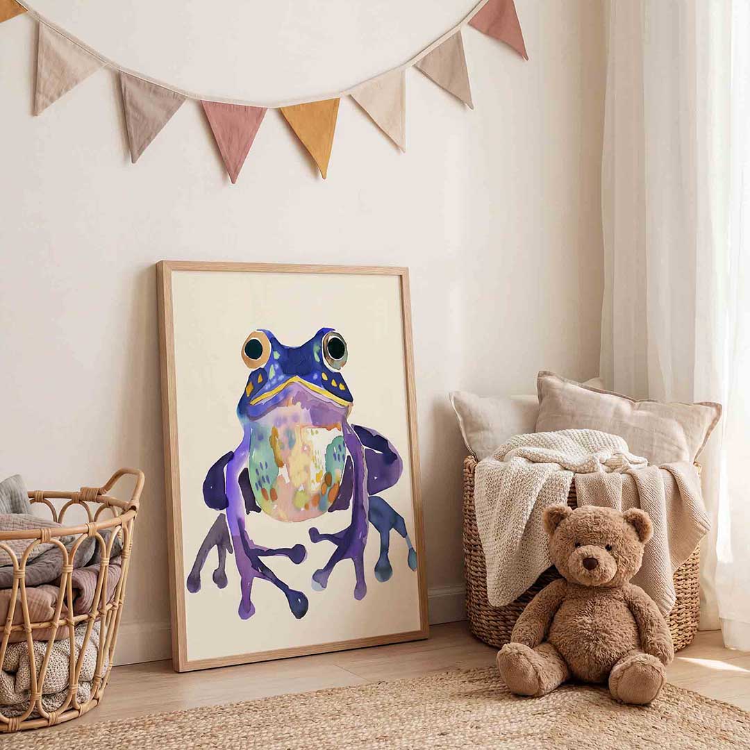 Gekleurde kikker – speelse wandkunst als portret kinderposter