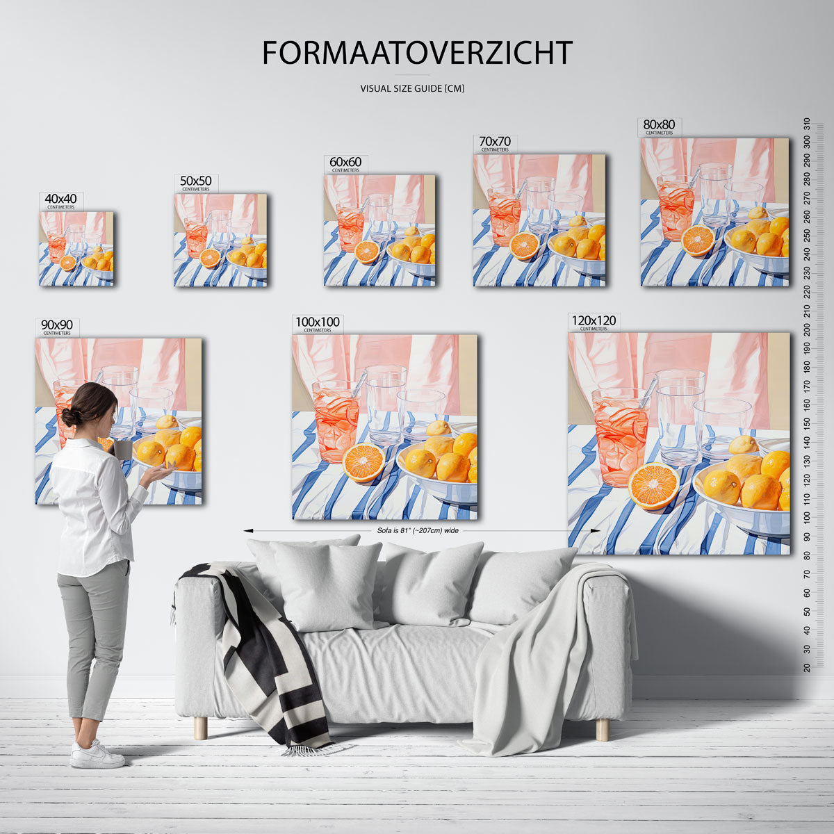Citrus en glazen – vierkante muurposter met kleurrijke illustratie