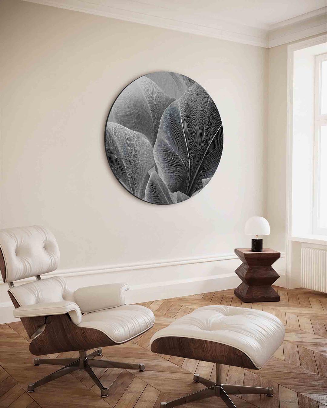 Bladstructuur – moderne ronde wanddecoratie met vrouwelijk portret