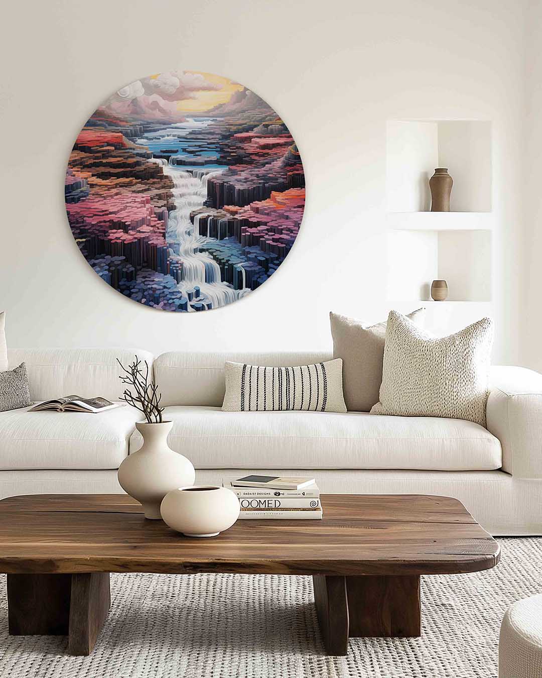 Waterval en bergen – illustratie muurcirkel als ronde muurdecoratie