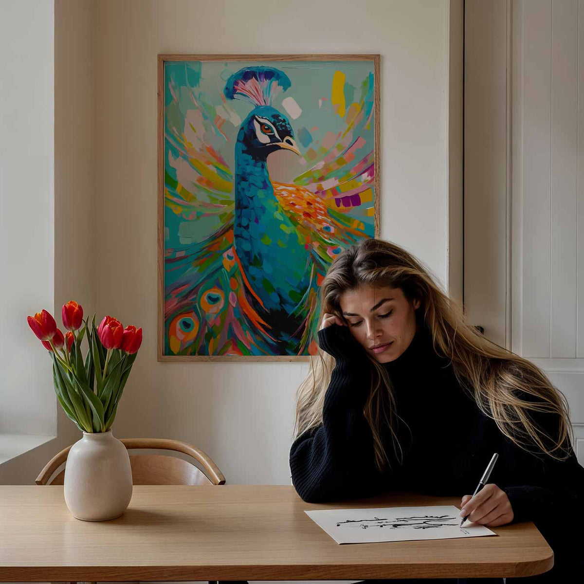 Kleurrijke Pauwenpracht – staande dieren wanddecoratie van WallArtistic