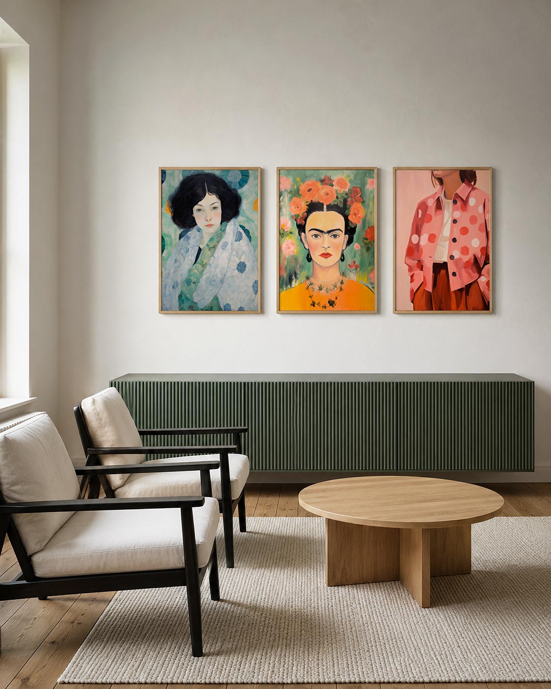 Vormen en vlinders posterset – tweede productweergave – een serene figuur omhuld door zachte, vloeiende patronen