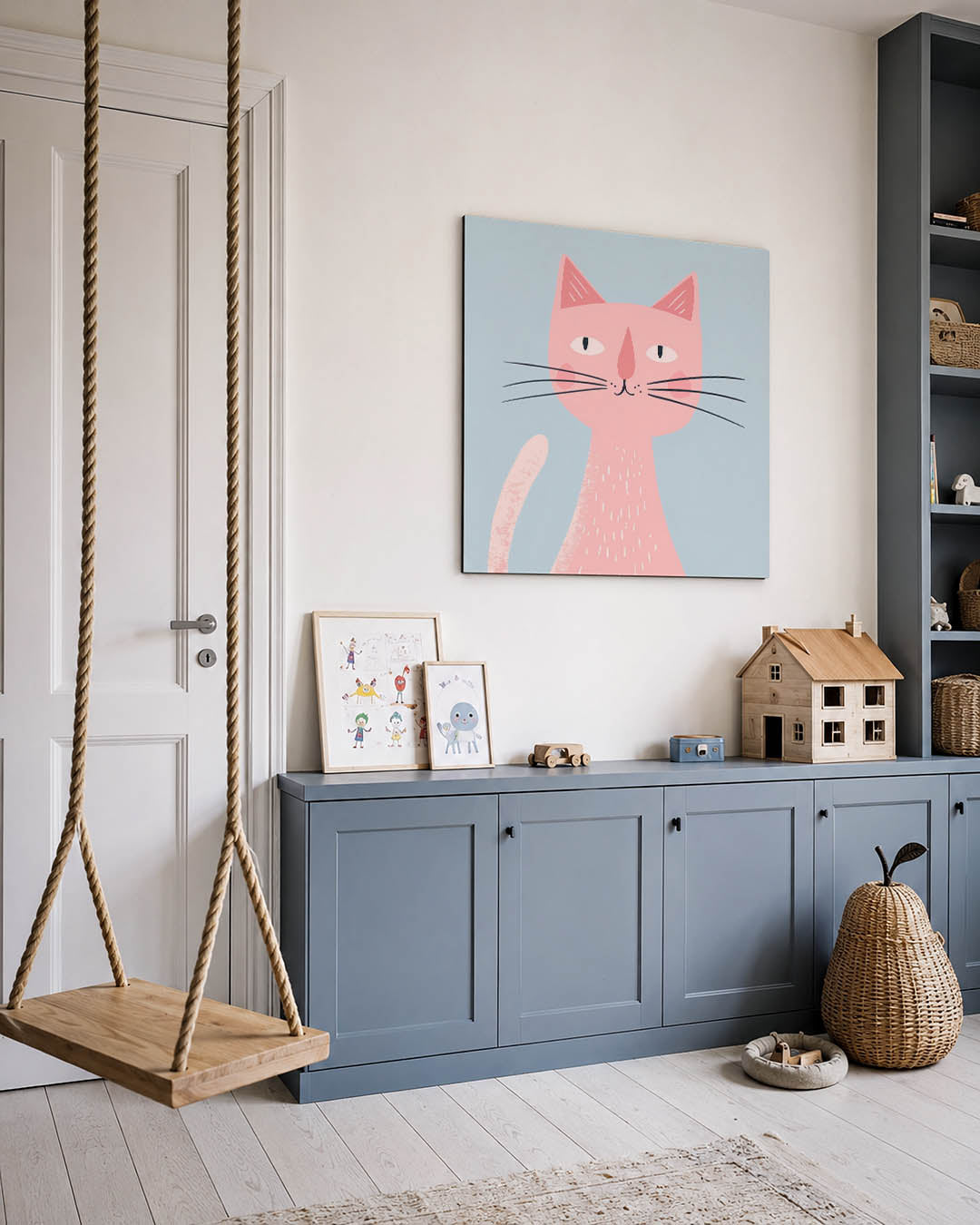 Speelse kat illustratie kunstwerk – vierkante wanddecoratie – dit werk toont een speelse kat met eenvoudige lijnen en zachte