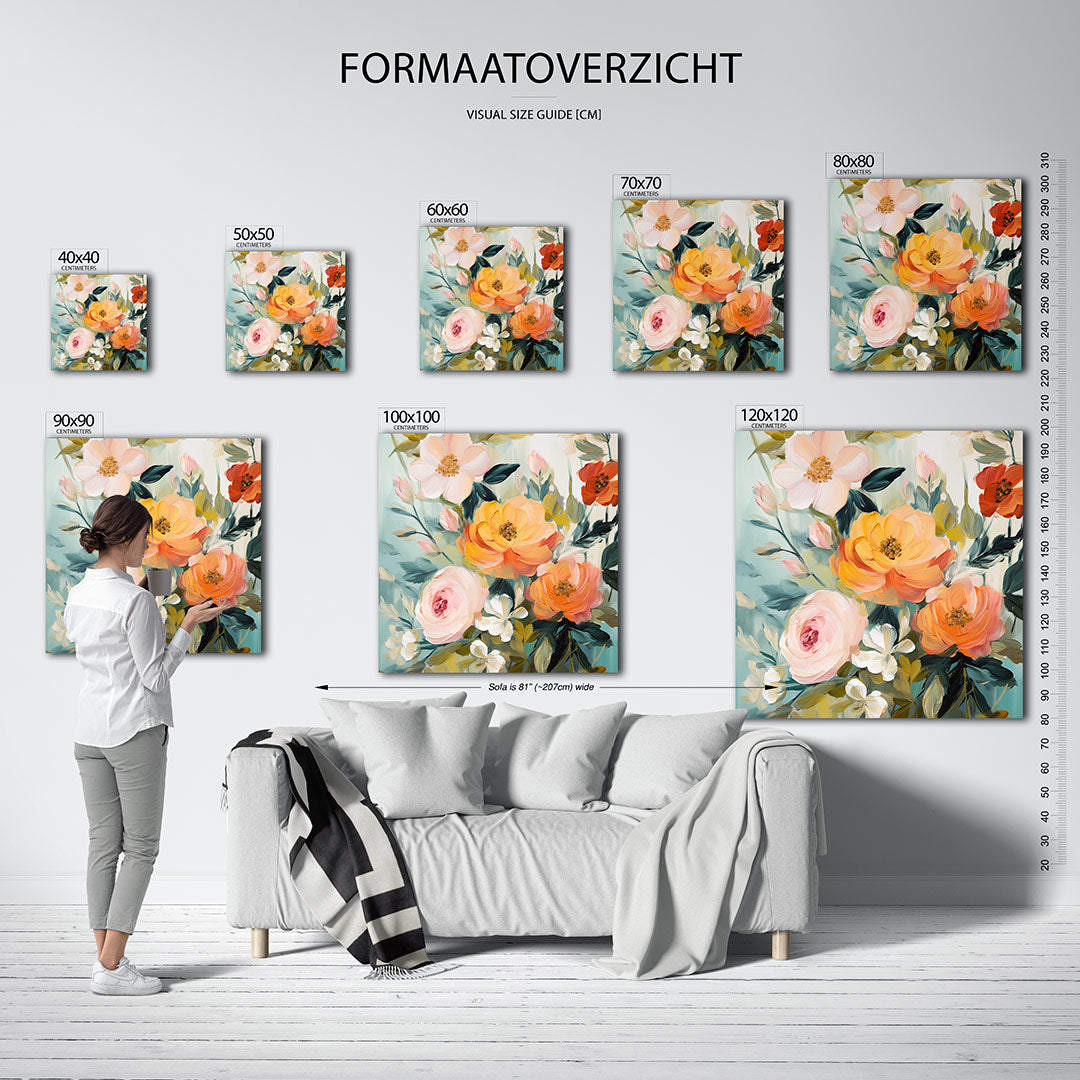 Bloemrijke compositie kunstwerk – dit kunstwerk toont een levendige verzameling bloemen in zachte en warme tinten, met