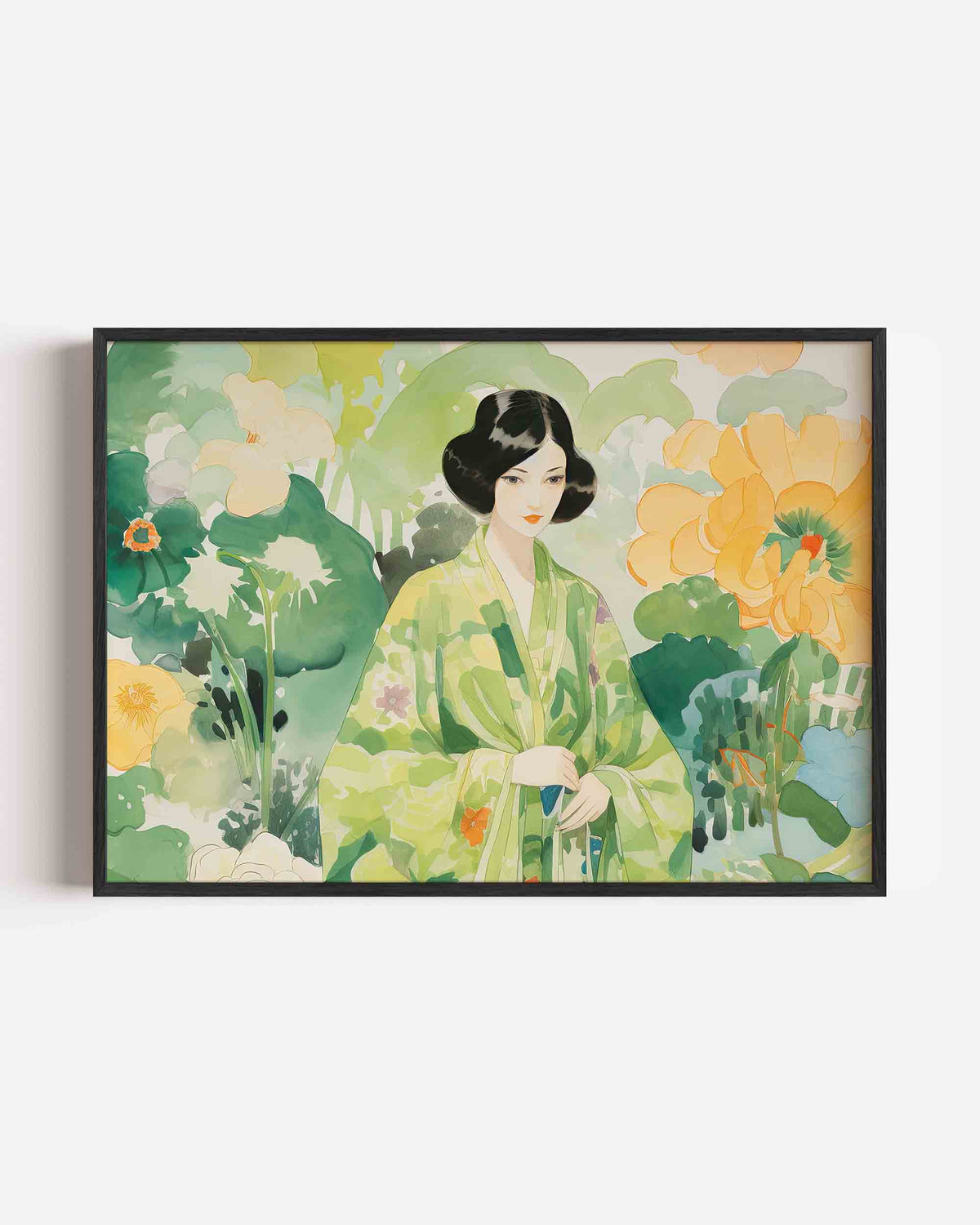 Vrouw in groene kimono – keuken landscape poster als wanddecoratie