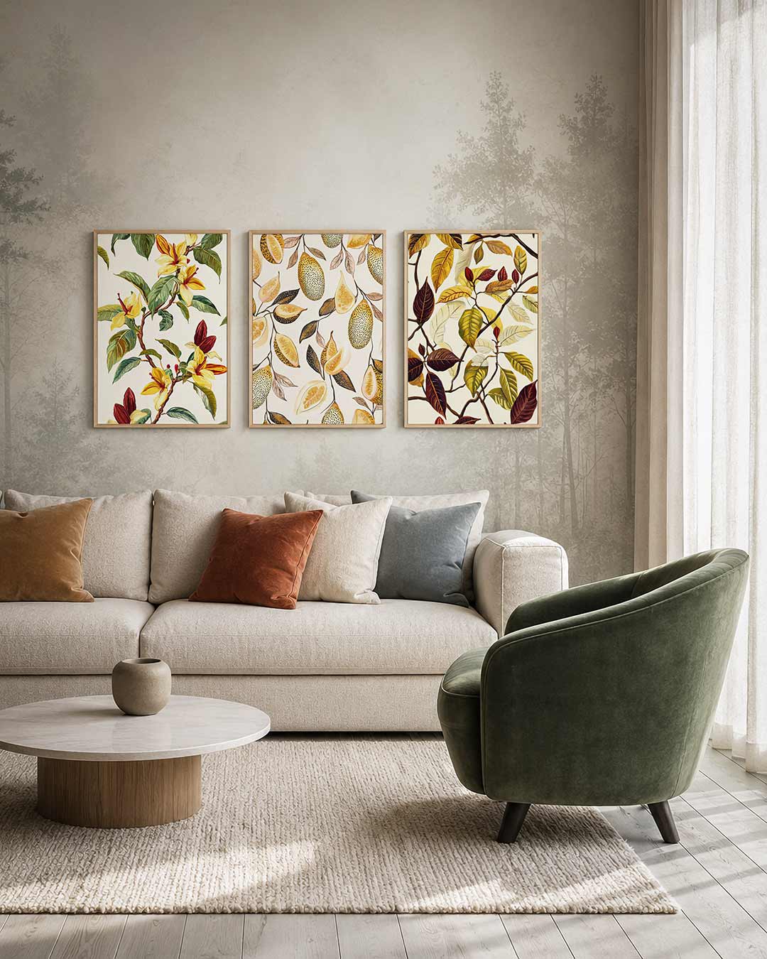 Bloemrijke takken driedelige posterset – deze posterset toont levendige bloemen en bladeren in geel,