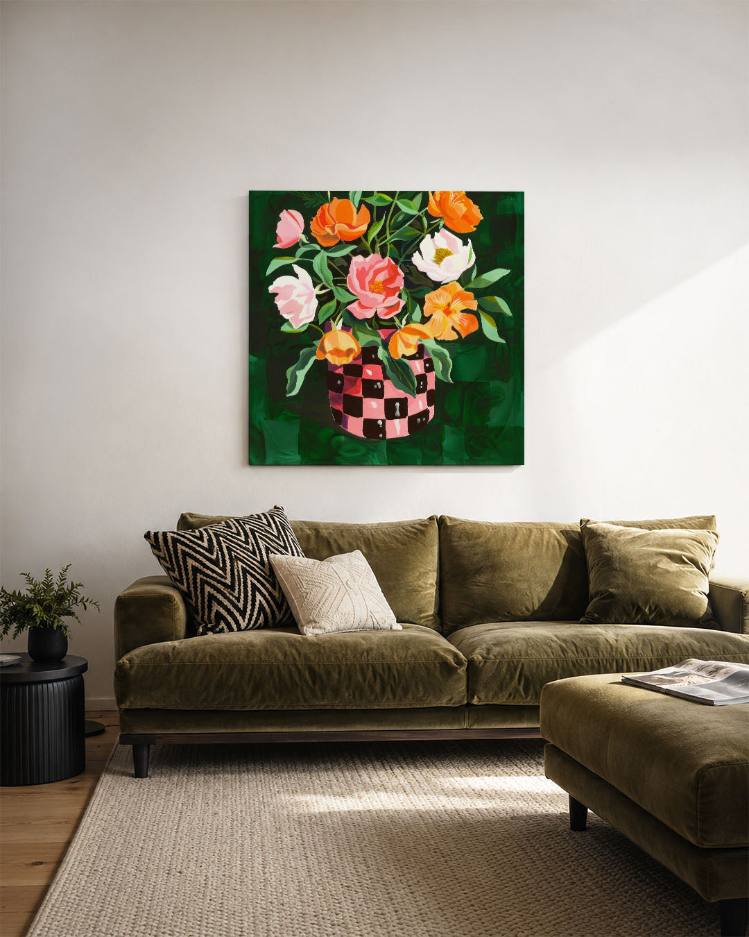Bloemrijke compositie kunstwerk – derde productweergave – dit kunstwerk toont een levendig boeket bloemen in een vaas met een