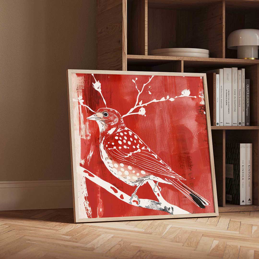 Vogel op tak – geïllustreerde wandkunst als vierkante poster