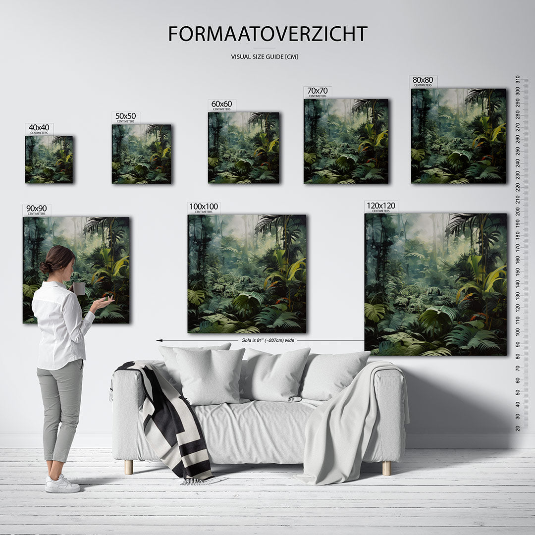 Weelderig bladgroen kunstwerk – dit kunstwerk toont een dichte jungle met weelderige bladeren en een mysterieuze sfeer. De