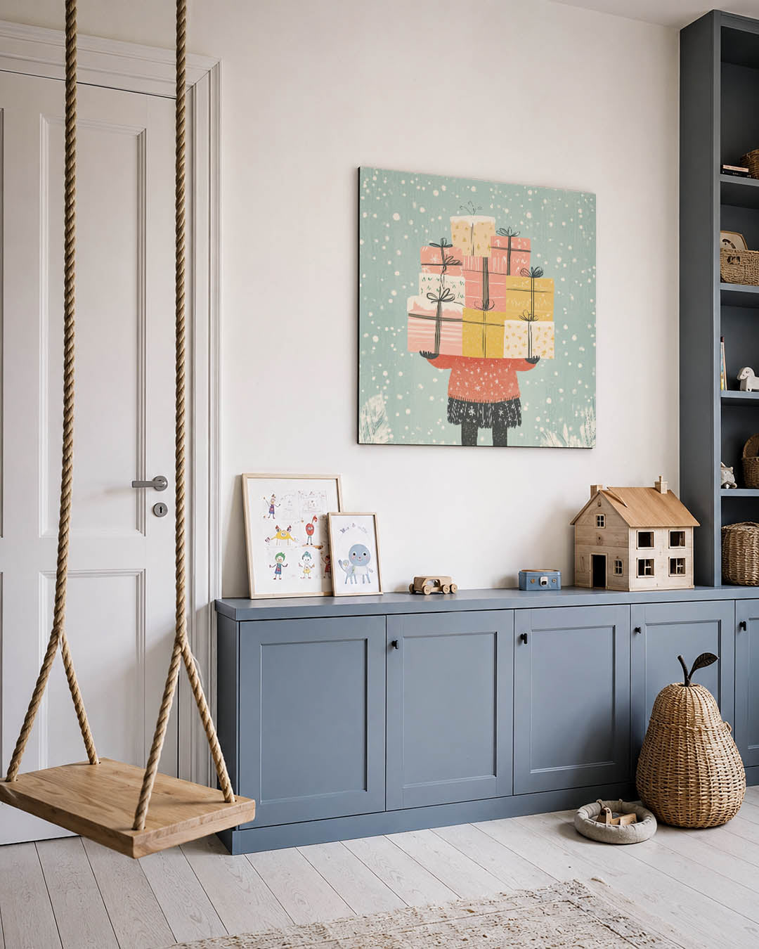 Vrolijke cadeaus kunstwerk – vierkante wanddecoratie – dit kunstwerk toont een stapel kleurrijke cadeaus in een sneeuwachtige