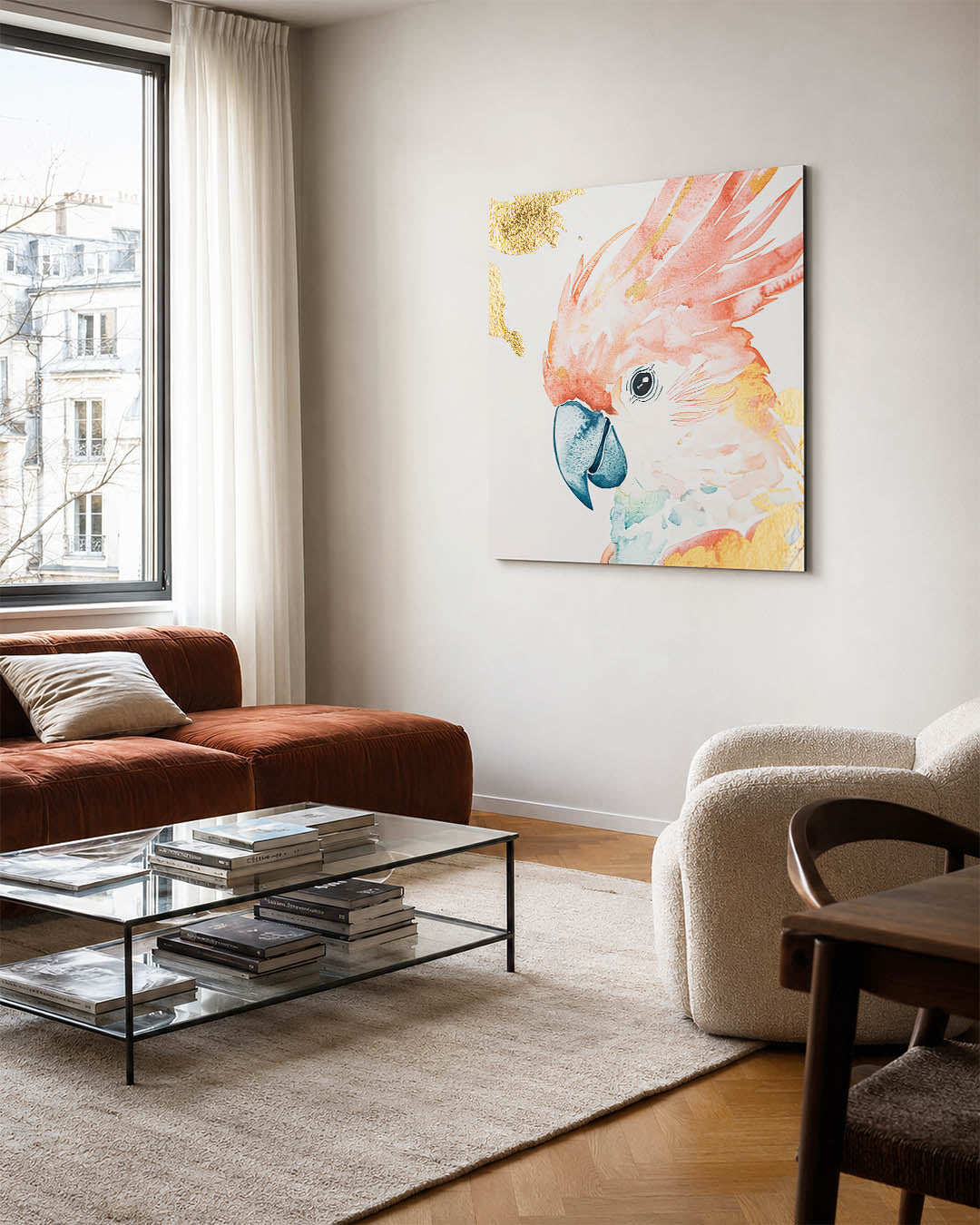 Vrolijke vogel illustratie kunstwerk – vierkante wanddecoratie – dit werk toont een kleurrijke vogel met levendige tinten en