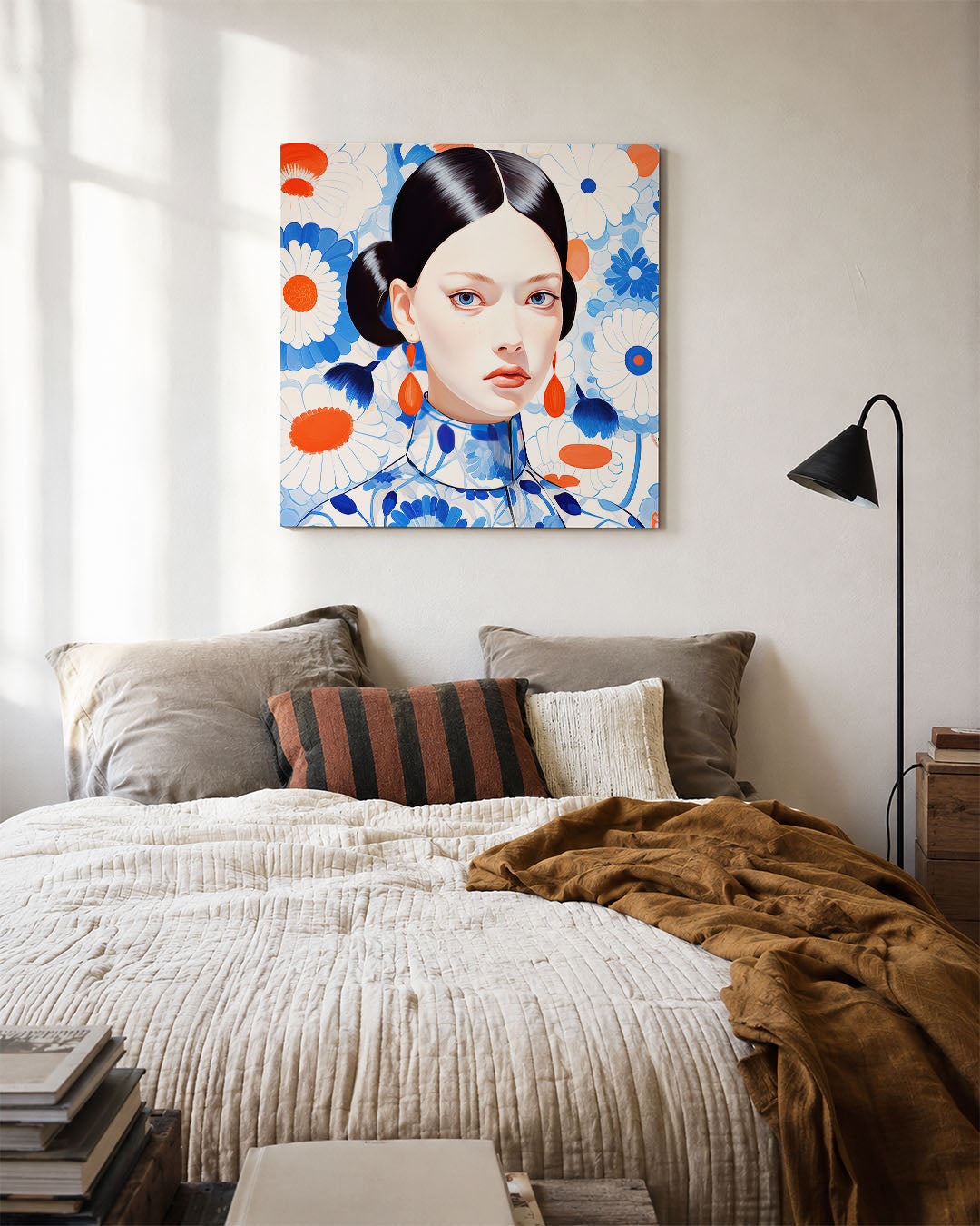 Vrouwelijk portret bloemen kunstwerk – detailweergave – dit kunstwerk toont een vrouwelijk portret met een achtergrond van