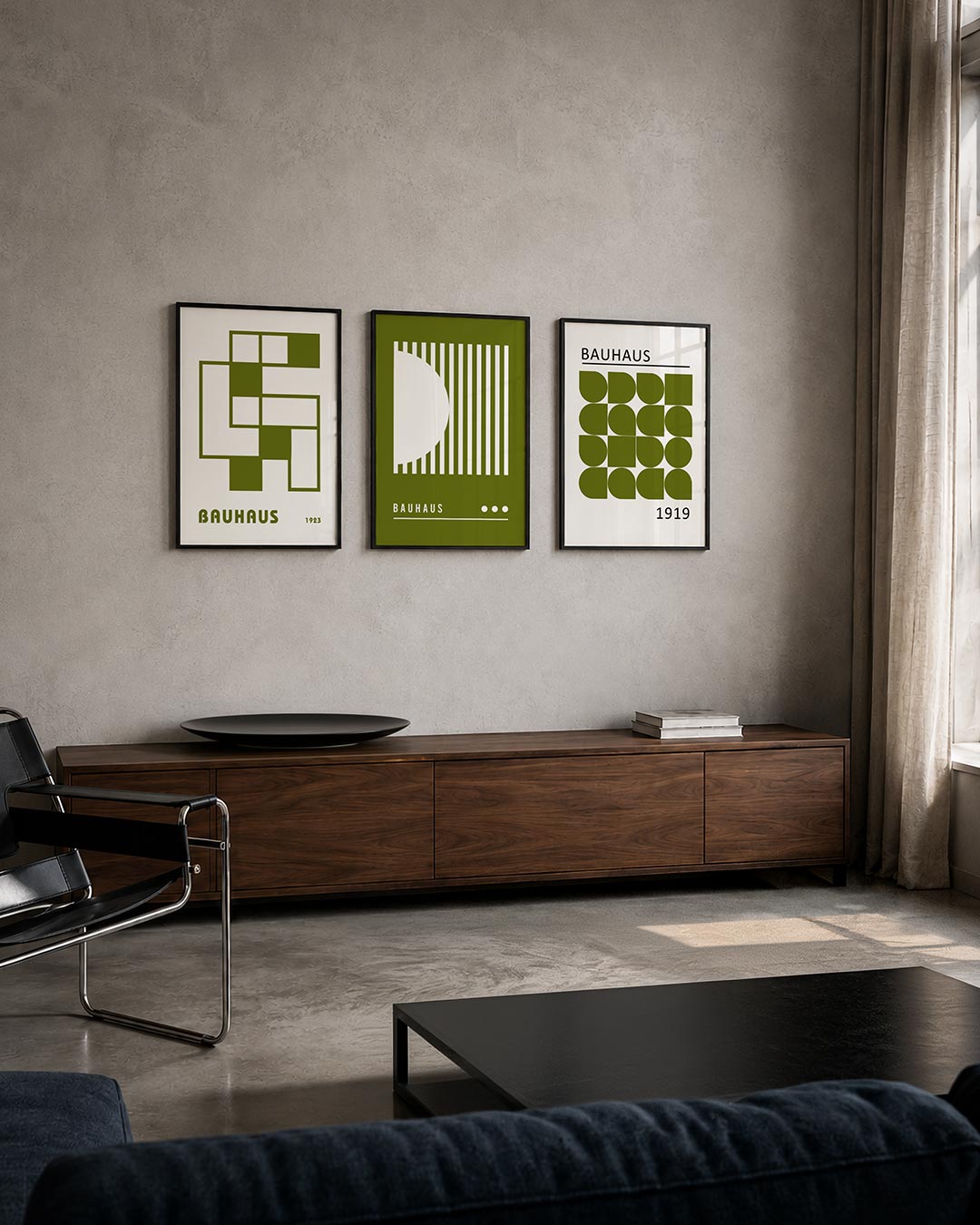Vorm en balans posterset – tweede productweergave – deze posterset in drie delen toont een spel van olijfgroene rechthoeken